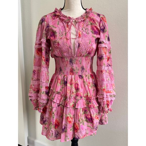 LoveShackFancy Clarkie Long Sleeve Pink Floral Print Mini Dress size Medium - Picture 3 of 16